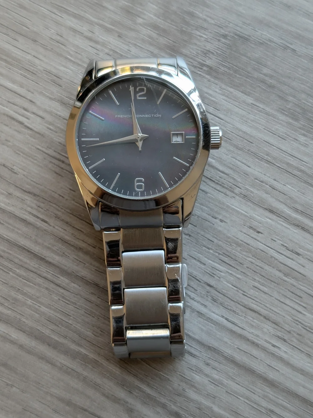 French Connection Silver Bracelet Watch with Dark Iridescent Dial